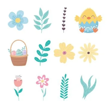 Happy easter day chicken eggshell flowers basket icons Stock Illustration