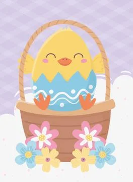 Happy easter day, chicken in eggshell basket flowers decoration Stock Illustration