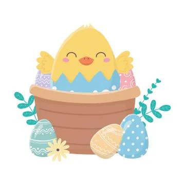 Happy easter day, chicken in eggshell basket eggs flowers cartoon Stockillustratie