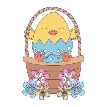 Happy easter day, chicken in eggshell basket flowers decoration Stockillustratie
