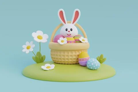 Happy Easter day. Colorful easter eggs with flower and cute bunny. Internat.. Stock Illustration