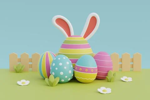 Happy Easter day. Colorful easter eggs with cute ears bunny and flower. Int.. Stock Illustration