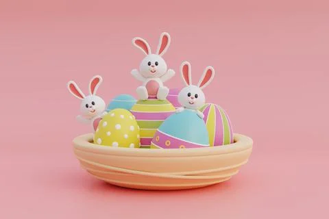 Happy Easter day. Colorful easter eggs with cute bunny. International Sprin.. Stock Illustration