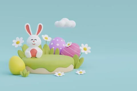 Happy Easter day. Colorful easter eggs with flower and cute bunny. Internat.. Stock Illustration