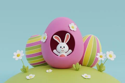 Happy Easter day. Colorful easter eggs with flower and cute bunny. Internat.. Stock Illustration