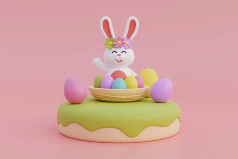 Happy Easter day. Colorful easter eggs with flower and cute bunny. Internat.. Stock Illustration