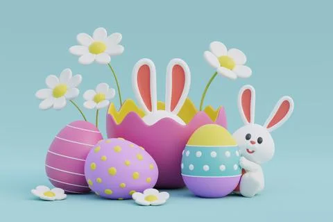 Happy Easter day. Colorful easter eggs with flower and cute bunny. Internat.. Stock Illustration
