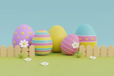 Happy Easter day. Colorful easter eggs with flower and cute bunny. Internat.. Stock Illustration
