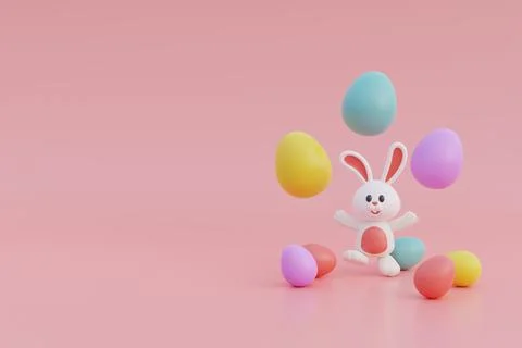 Happy Easter day. Colorful easter eggs with cute bunny. International Sprin.. Stock Illustration