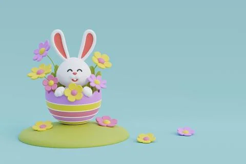 Happy Easter day. Colorful easter eggs with flower and cute bunny. Internat.. Stock Illustration