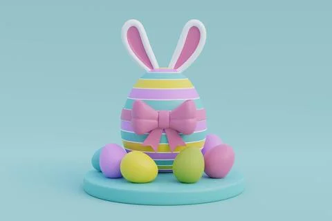 Happy Easter day. Colorful easter eggs with cute ears bunny and flower. Int.. Stock Illustration
