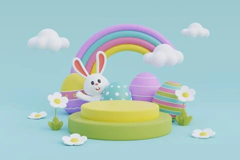 Happy Easter day. Colorful easter eggs with flower and cute bunny. Internat.. Stock Illustration