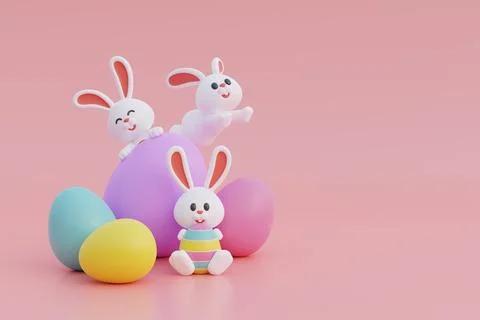 Happy Easter day. Colorful easter eggs with cute bunny. International Sprin.. Stock Illustration