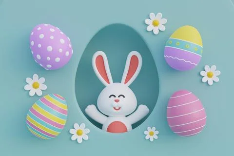Happy Easter day. Colorful easter eggs with flower and cute bunny. Internat.. Stock Illustration