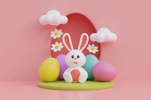 Happy Easter day. Colorful easter eggs with flower and cute bunny. Internat.. Stock Illustration
