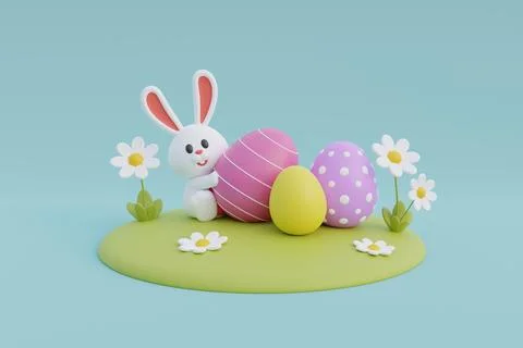 Happy Easter day. Colorful easter eggs with flower and cute bunny. Internat.. Stock Illustration