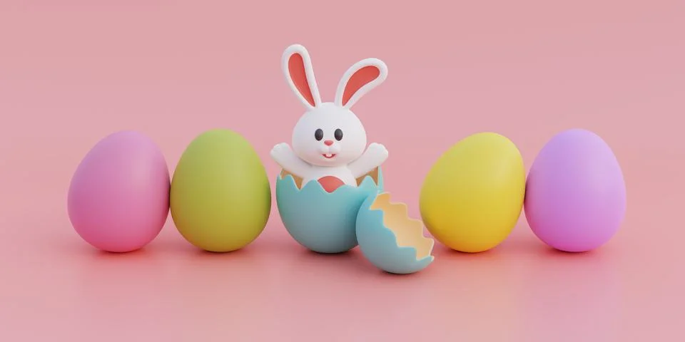 Happy Easter day. Colorful easter eggs with cute bunny. International Sprin.. Stock Illustration