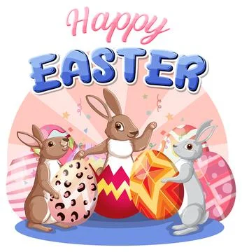 Happy Easter Day with Cute Bunnies and Colourful Eggs Stock Illustration