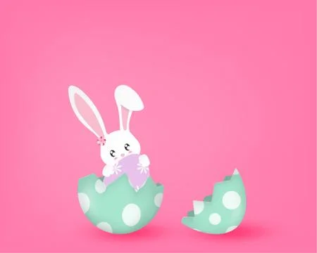 Happy Easter day with cute bunny in a half broken egg on pink background in p 스톡 일러스트