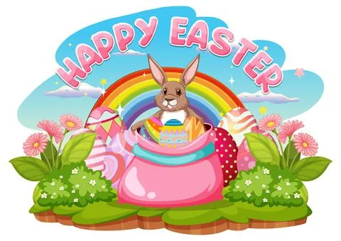Happy Easter Day with Cute Bunny and Colourful Eggs 스톡 일러스트