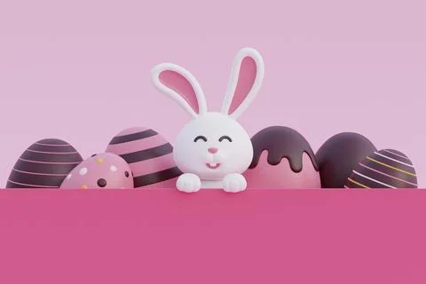 Happy Easter day. Cute bunny with Pink and chocolate easter eggs. Internati.. Stock Illustration