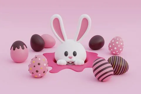 Happy Easter day. Cute bunny with Pink and chocolate easter eggs. Internati.. Stock Illustration