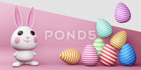 Happy easter day, cute bunny with colorful egg, 3d rendering. PSD Template