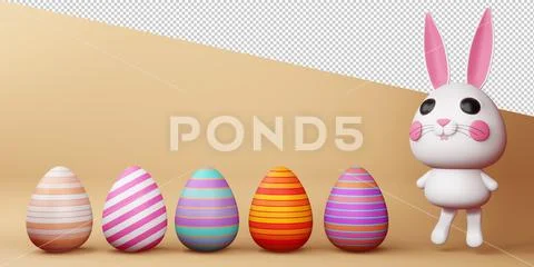 Happy easter day, cute bunny with colorful egg, 3d rendering. PSD Template