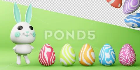 Happy easter day, cute bunny with colorful egg, 3d rendering. PSD Template