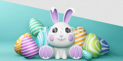 Happy easter day, cute bunny with colorful egg, 3d rendering. PSD Template