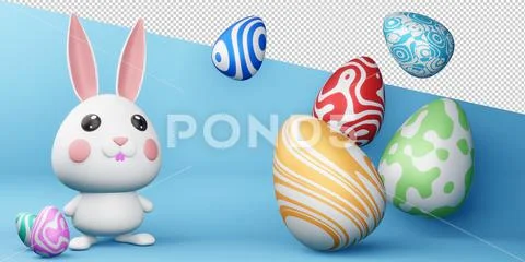 Happy easter day, cute bunny with colorful egg, 3d rendering. PSD Template