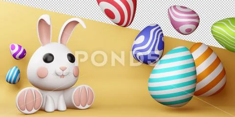Happy easter day, cute bunny with colorful egg, 3d rendering. PSD Template