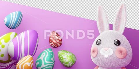 Happy easter day, cute bunny with colorful egg, 3d rendering. PSD Template