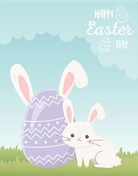 Happy easter day, cute rabbit and egg with ears in grass Stock Illustration