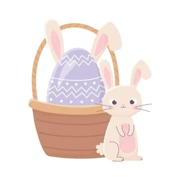 Happy easter day, cute rabbit and egg with ears in basket decoration Illustrazione stock