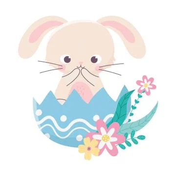 Happy easter day, cute rabbit in eggshell flowers decoration Stockillustratie
