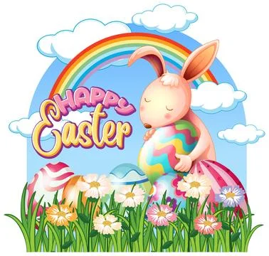 Happy Easter Day with Cute Rabbit in a Grassy Field Stock Illustration