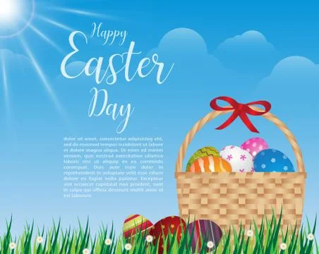 Happy easter day design Basket of easter eggs on green grass at sunny day Stock Illustration