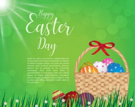 Happy easter day design Basket of easter eggs on green grass イラスト素材