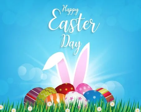 Happy easter day design easter eggs and rabbit ears on green grass イラスト素材