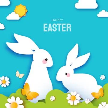 Happy Easter Day design greetings card with Cute white rabbits in paper cut Stock Illustration