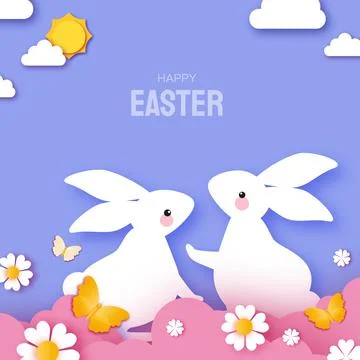 Happy Easter Day design greetings card with Cute white rabbits in paper cut Stock Illustration
