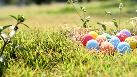 Happy Easter Day. Easter eggs on green grass background, Dolly shot. Stock Footage 148989227