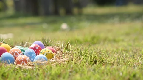 Happy Easter Day. Easter eggs on green grass background, Dolly shot. Stock Footage 148989433