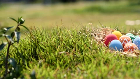 Happy Easter Day. Easter eggs on green grass background, Dolly shot. Stock Footage 148989457