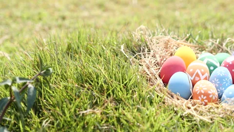 Happy Easter Day. Easter eggs on green grass background, Dolly shot. Stock Footage 148989684
