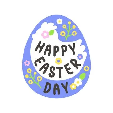 Happy Easter Day Egg-Shaped Sticker with Flowers and Handwritten Text Stock Illustration
