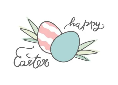 Happy Easter Day emblem with Easter eggs lying on the grass and calligraphy Stock Illustration