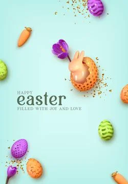 Happy Easter day. Festive background design with realistic colorful eggs, e.. Stock Illustration