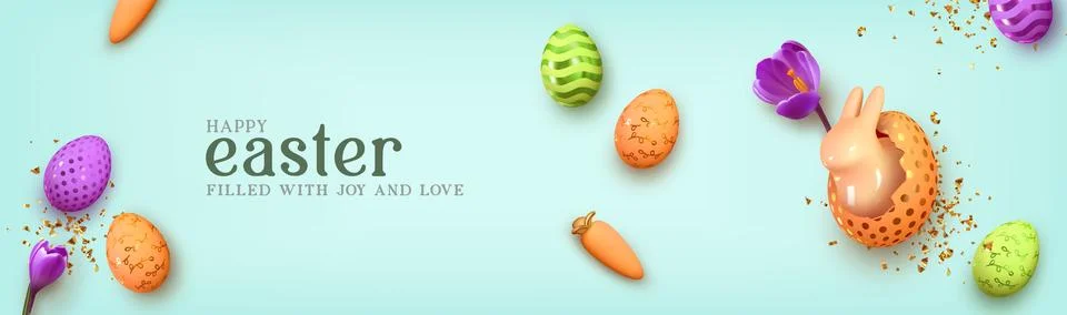 Happy Easter day. Festive background design with realistic colorful eggs, e.. 스톡 일러스트